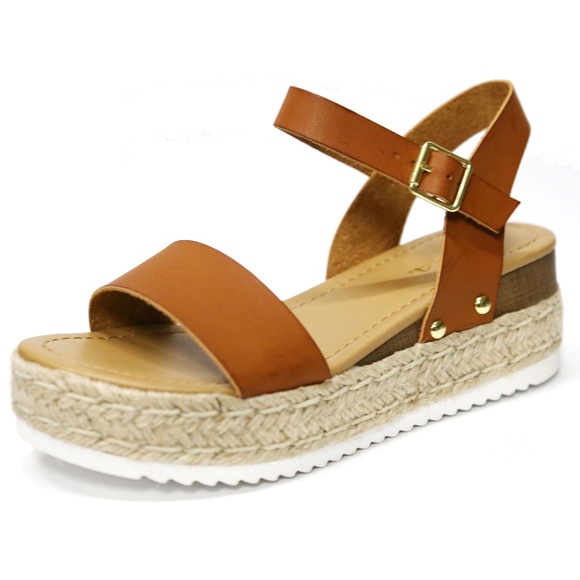 New Tan Open Toe Espadrille Flatform Sandals - Picture 1 of 3